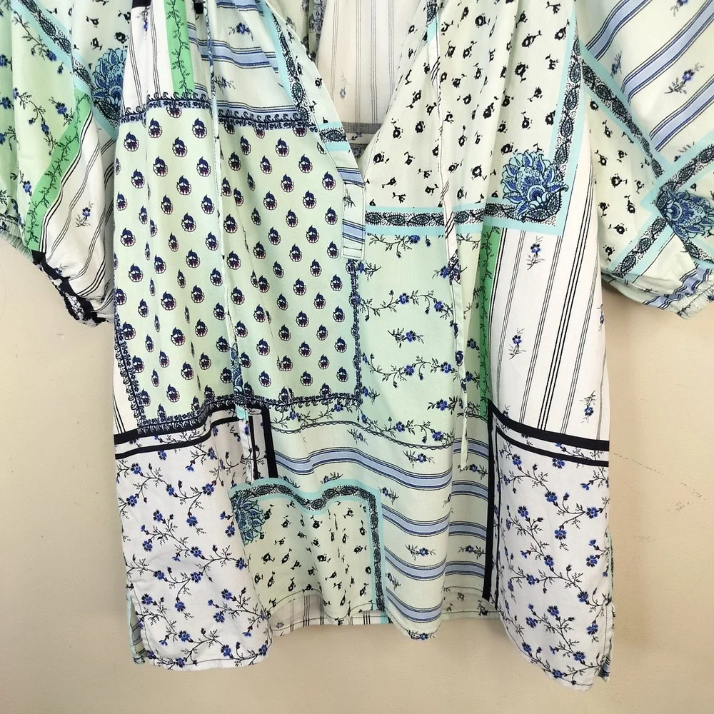 LOFT Patchwork Floral Blouse Womens XS Short Puff Sleeve Cottage Boho Blue